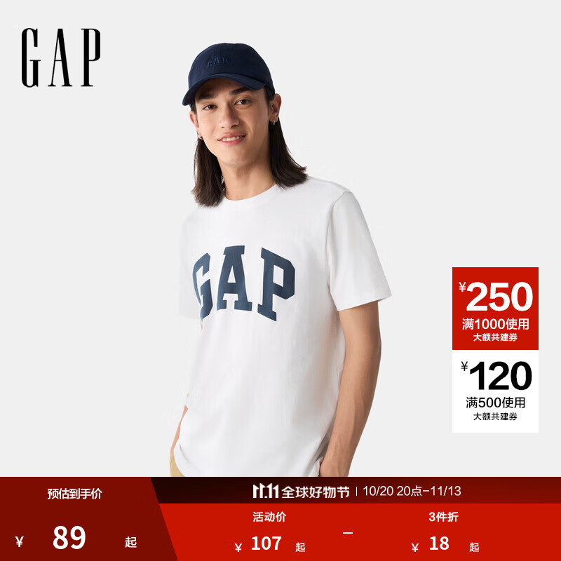 盖璞男女装2025纯棉印花logo圆领短袖T恤上衣美版856659 白色 L 美码 XL亚洲码185/104A