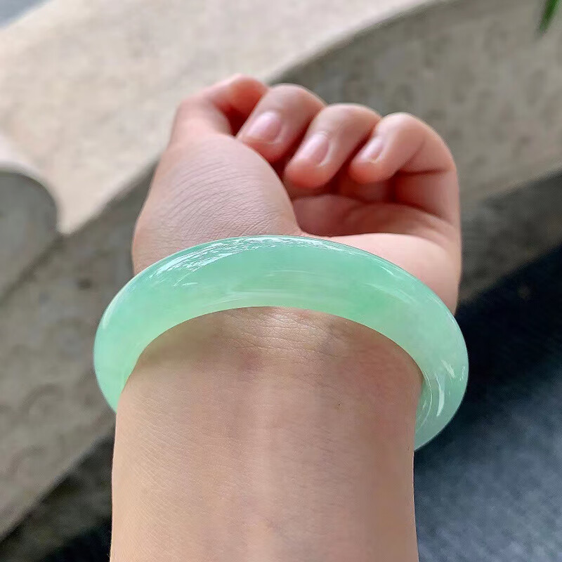 禧凤楼缅甸老坑a货冰种晴绿正圈平安镯手镯52圈口女玉石镯子女士手镯