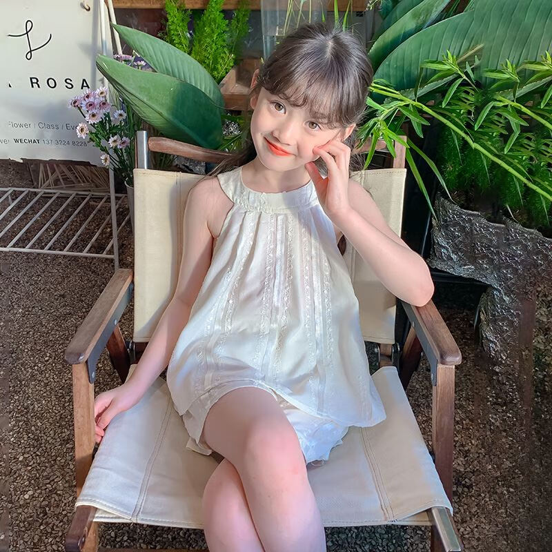 小女孩套装夏季2024新款女童夏装洋气背心两件套儿童时髦网红童装 米