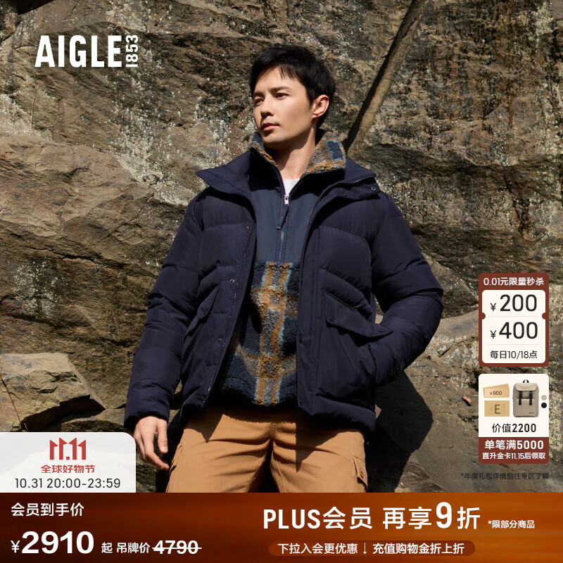 AIGLE艾高羽绒服秋冬款GORE-TEX防风加厚保暖上衣白鹅绒外套男 海军蓝 BE471 L (180/96A) 