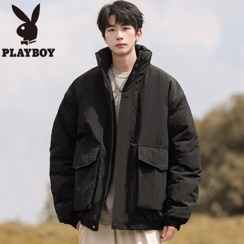 花花公子（PLAYBOY）美式立领棉衣男秋冬季新款潮牌宽松工装棉服情侣款百搭加厚面包服 黑色 S 约85-100斤可穿