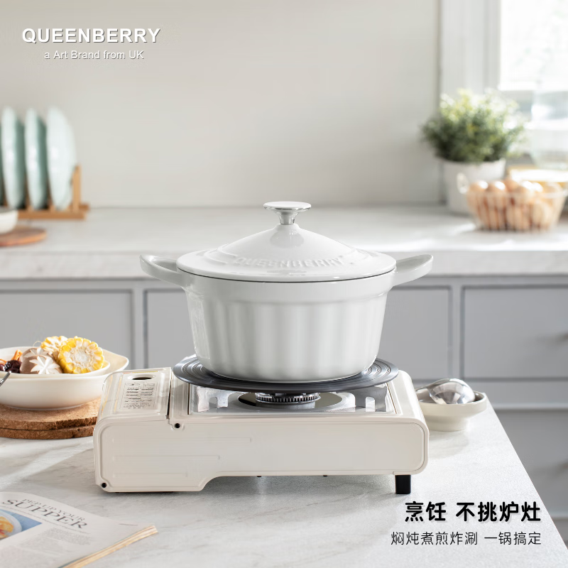 QUEENBERRY英国库白铸铁珐琅锅家用大容量深炖锅双耳汤锅多功能平底焖炖锅 「4-5人食」深炖锅-红叶森林 22cm