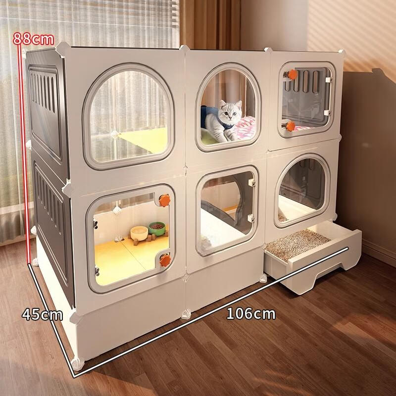 蔻絲貓籠子帶廁所一體貓別墅家用超大貓產(chǎn)房一室一廳一衛(wèi)通風(fēng)貓窩貓柜 加高53cm-成年貓-超大雙層別墅 吃喝款:玩樂款+貓窩+寵物碗