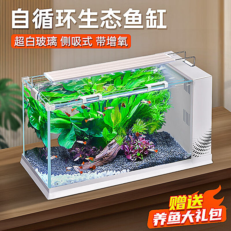爬將軍超白玻璃生態(tài)魚缸一體自循環(huán)客廳臥室辦公室桌面魚缸 側濾魚缸(真水草套餐) 63.5*28*30cm