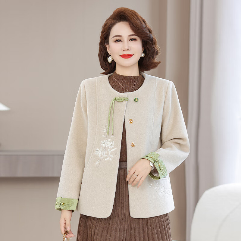 兰铂丽斯年轻妈妈装毛呢外套女秋冬季洋气中年女士气质小香风短款呢子大衣 米色 4XL 【135-145斤】 京东折扣/优惠券