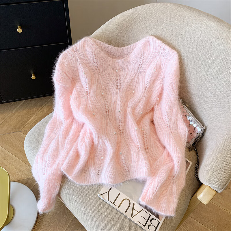 罗蒙（ROMON）圆领镂空针织衫女装春秋软糯慵懒风高级感毛衣外套内搭女士上衣 粉色 均码 (适合80-140斤)