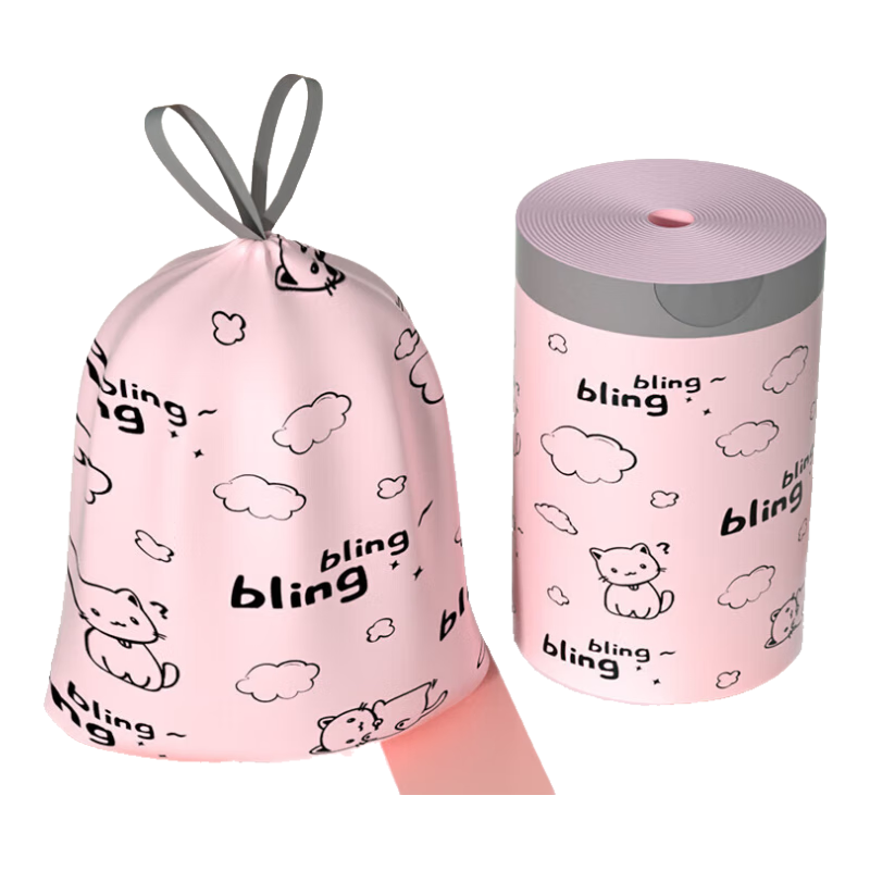 500只特厚垃圾袋家用手提式加厚抽绳大号厨房桶自动拉收口级印花 【粉色猫咪款】加大加厚 50只装