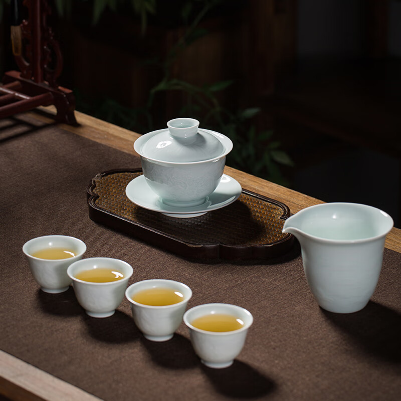 御嘉斋景德镇茶具套装轻奢高档陶瓷团建茶器家用套装伴手礼物定制LOGO 南山悠然头套组（1盖碗1公道4杯）