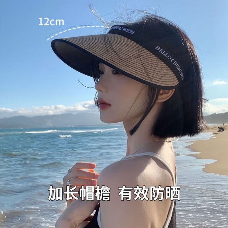 |防晒帽女士遮阳帽太阳帽空顶帽草帽凉帽夏季户外遮脸 白色 米2个 遮阳帽