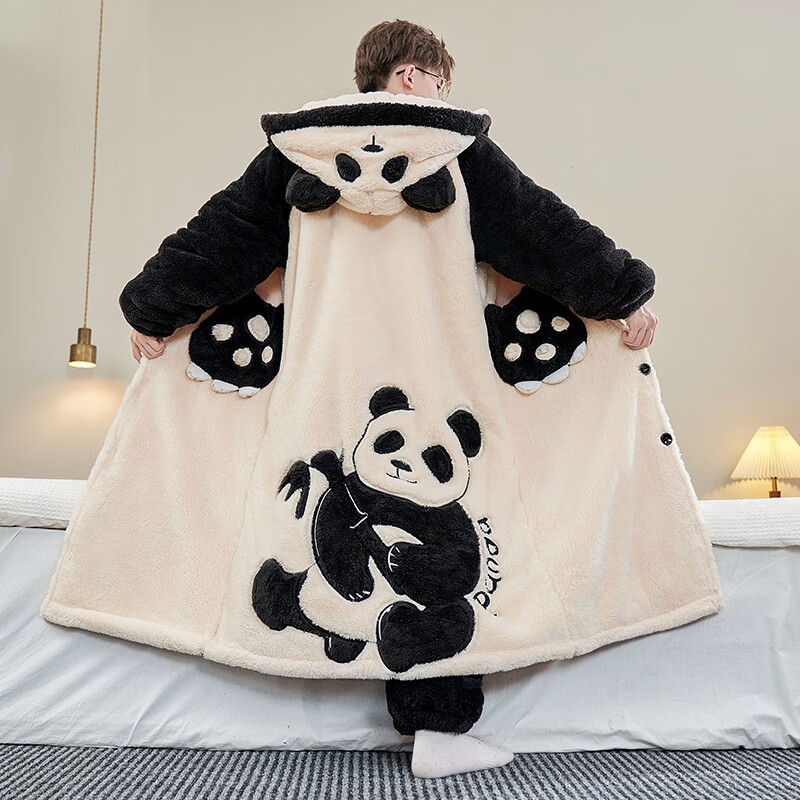 萧淑妃加厚保暖连帽法兰绒男士睡袍冬ins卡通学生珊瑚绒睡衣家居服套装 熊猫竹叶 2XL