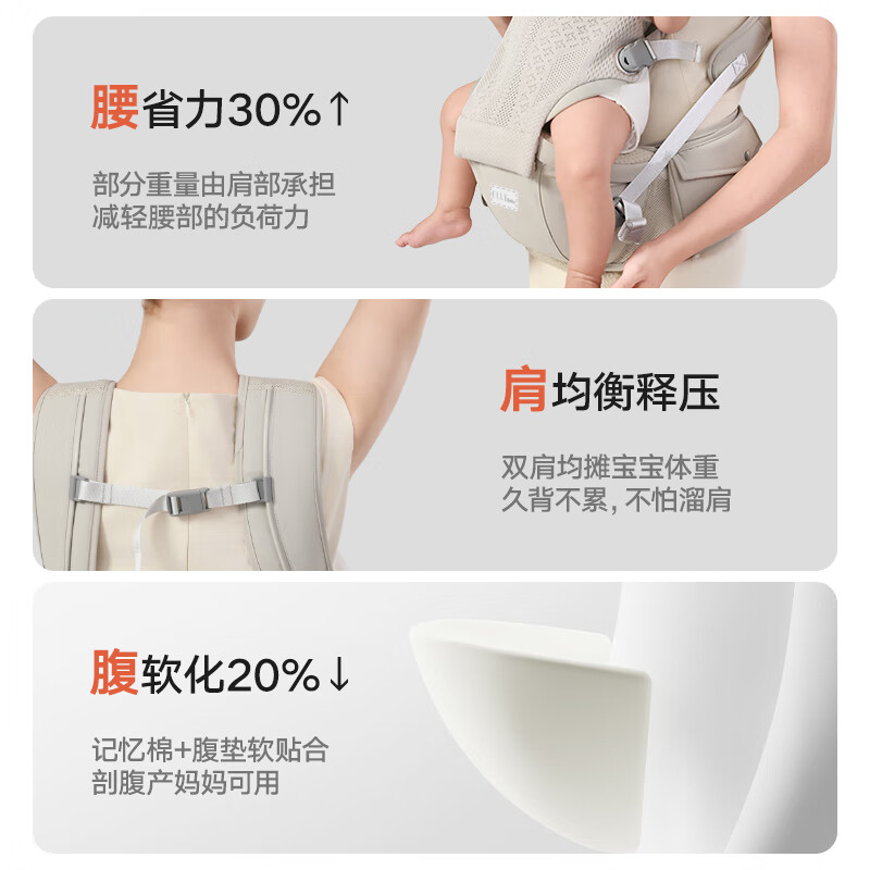 ELLE BABY婴儿腰凳背带轻便四季多功能宝宝抱娃神器前抱式外出冬 Fly Kint悬浮腰凳【飞织面料】-银月灰