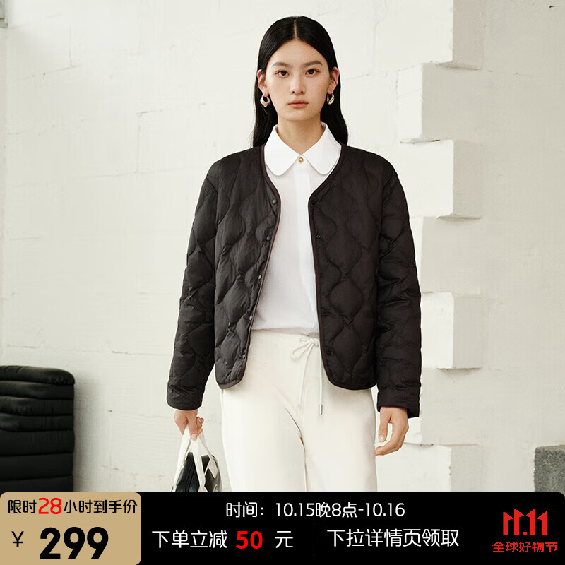 艾莱依轻薄羽绒服女士2025春秋新款短款时尚显瘦内胆波浪纹圆领鸭绒外套 炭黑 S 【建议80-110斤】155