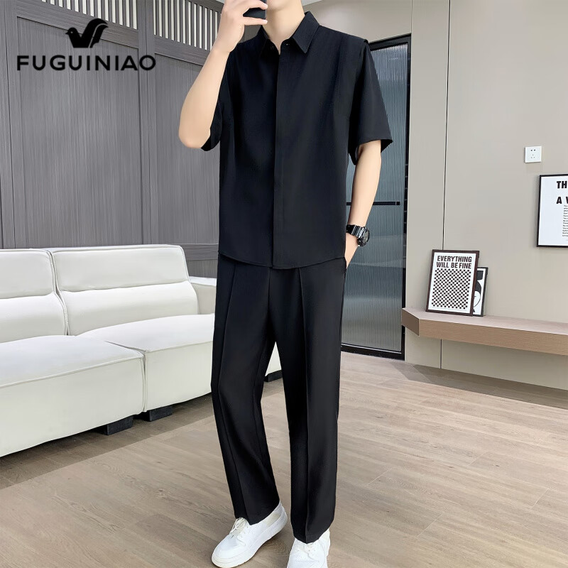 富貴鳥(niǎo)休閑運動(dòng)套裝男士短袖襯衫搭配長(cháng)褲2025年夏季新款一套男裝 2518黑色【套裝】 M _【90-110斤】