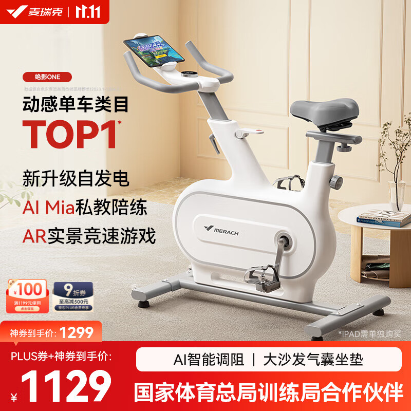 麦瑞克（MERACH）动感单车自发电家用智能调阻运动健身器材室内静音自行车 绝影ONE 自发电-10KG飞轮组-白色