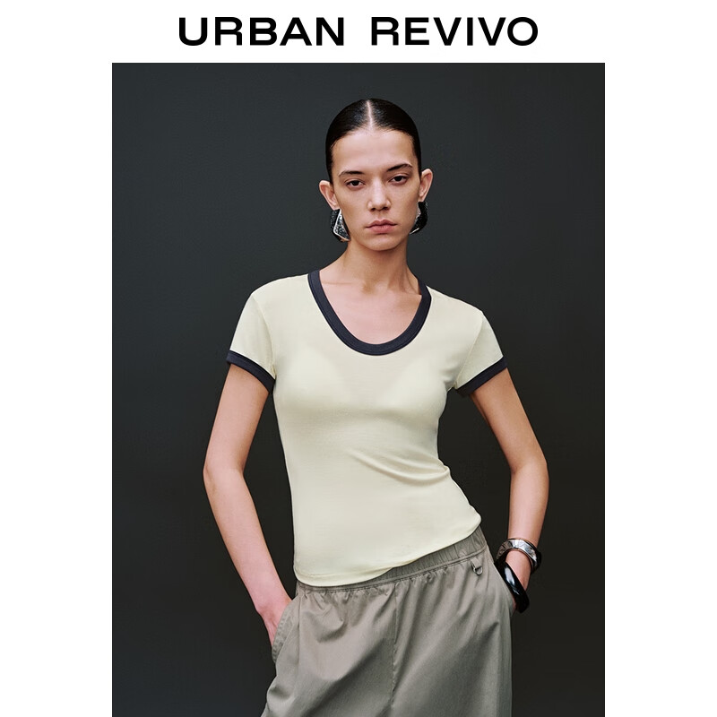 UR夏季新款女装休闲简约百搭撞色边短袖T恤UWB450046 米黄 M