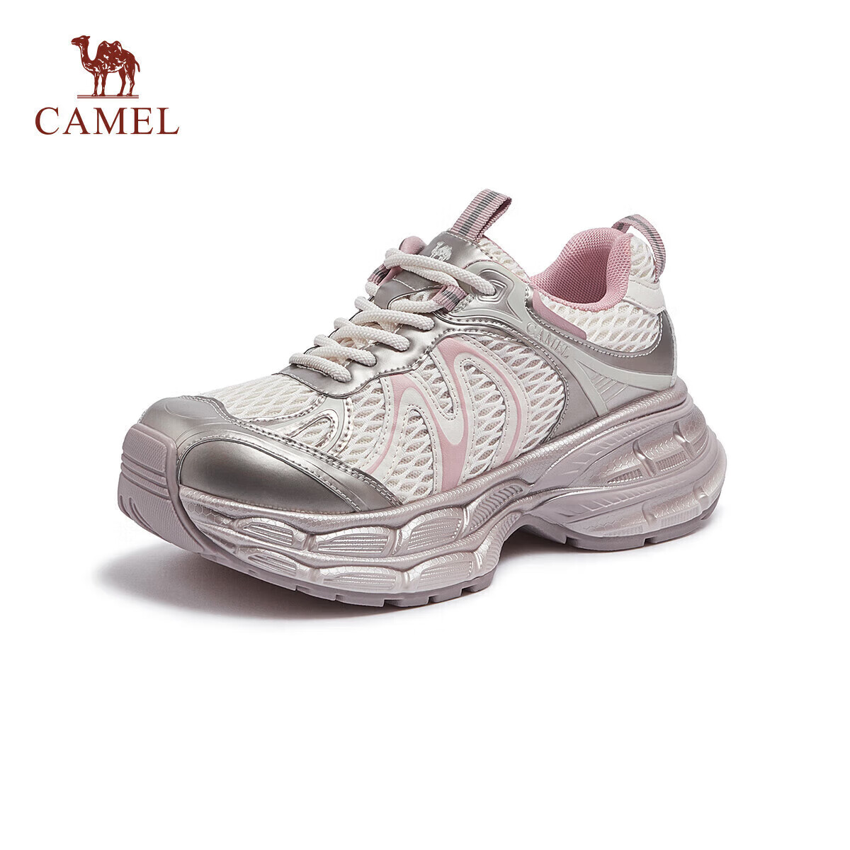 骆驼（CAMEL）银月2代老爹鞋女透气增高休闲鞋 L25A283148 米/金/粉 37