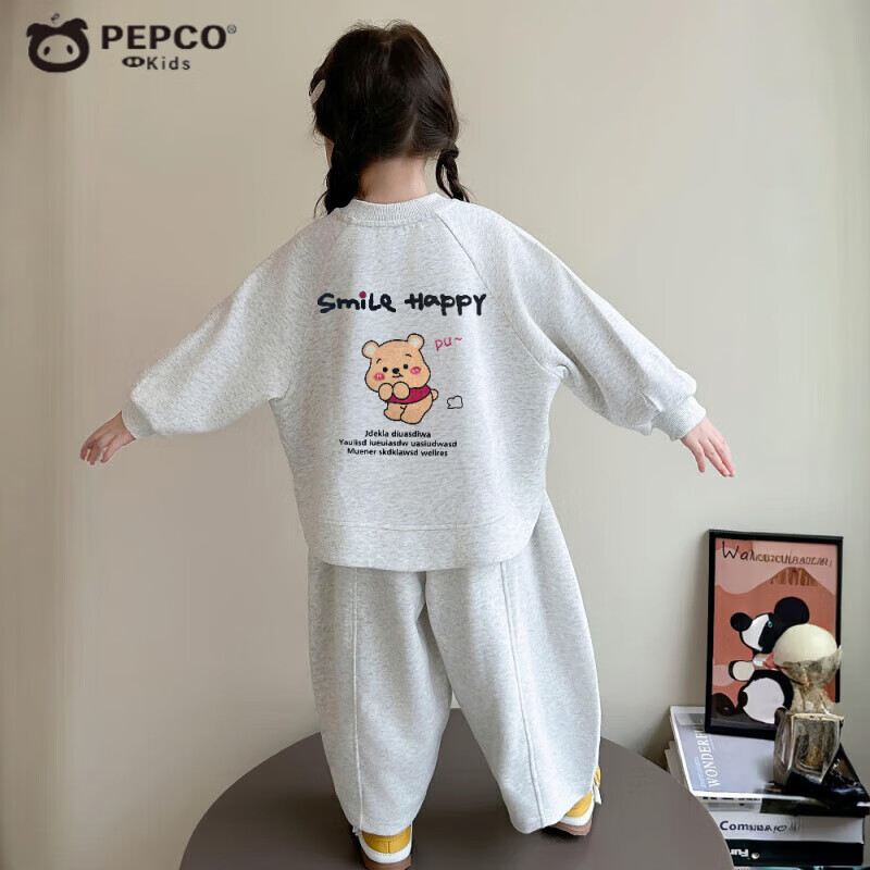 小猪班纳（PEPCO）女童秋季卡通卫衣套装2025新款休闲秋款洋气儿童秋装女宝宝两件套 WT【小熊】套装-白花灰 女孩 130 (建议身高120-130cm)