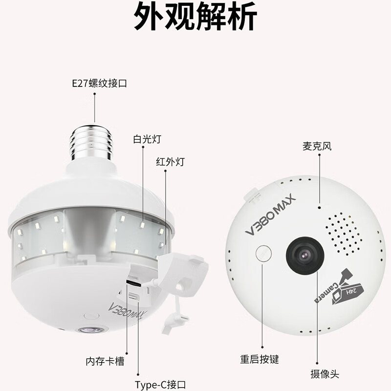 DIDSETH新款超清家用监控照明灯泡式摄像头无线wifi超清夜视手机远程监控 【4G免流量】全景监控+LED灯+32G