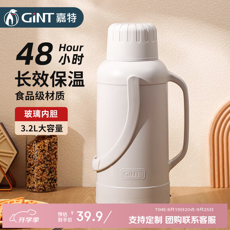 嘉特(GiNT)保温水壶大容量家用保温壶办公室学生宿舍玻璃内胆开暖热水瓶壶 灰色3.2L【48小时保温】