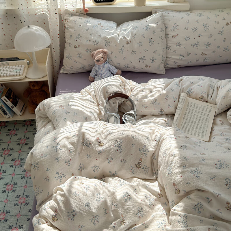 DEATKN德国2025新款A类棉双层纱布四件套全棉被套床上学生宿舍三件套被 徘徊兔兔【A类母婴级_亲肤柔软】 床单款 1.8m床四件套【被套200x230cm】
