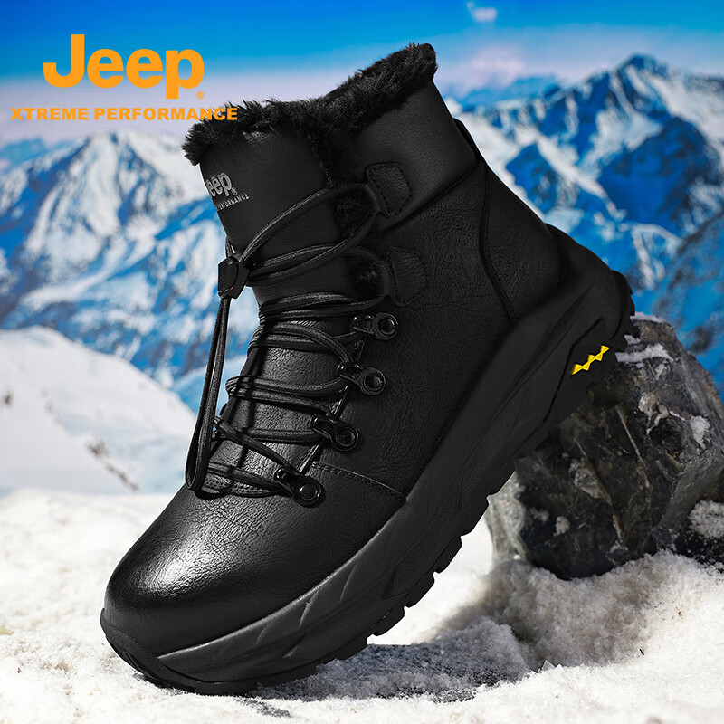 JEEP吉普雪地靴男款冬季加绒保暖棉鞋男士加厚防滑防水户外徒步登山鞋 黑色 39 (245mm) 标准运动尺码