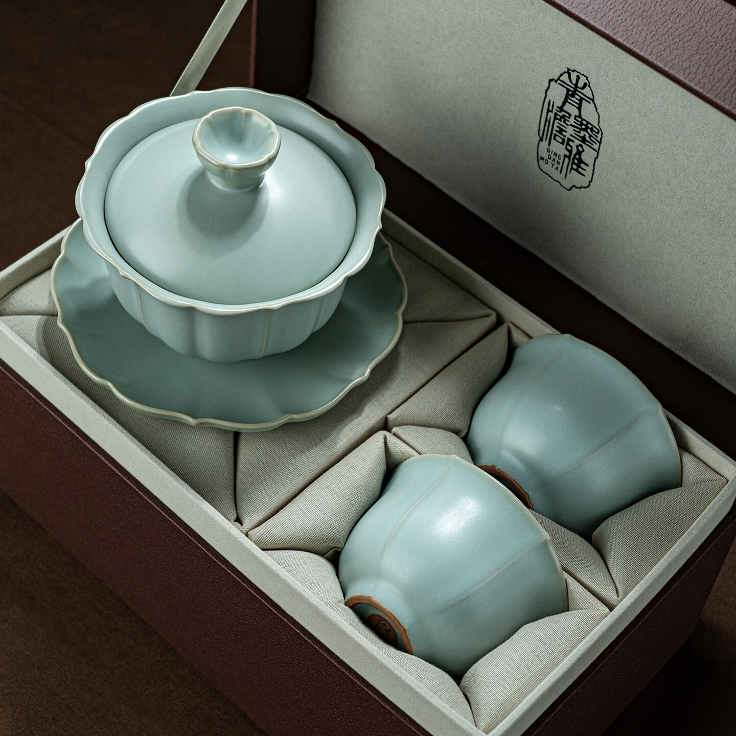 青澹墨雅天青汝窑 盖碗茶组冰裂釉开片三才泡茶盖碗 景德镇手工陶瓷礼盒装 承云玉润茶组 3件