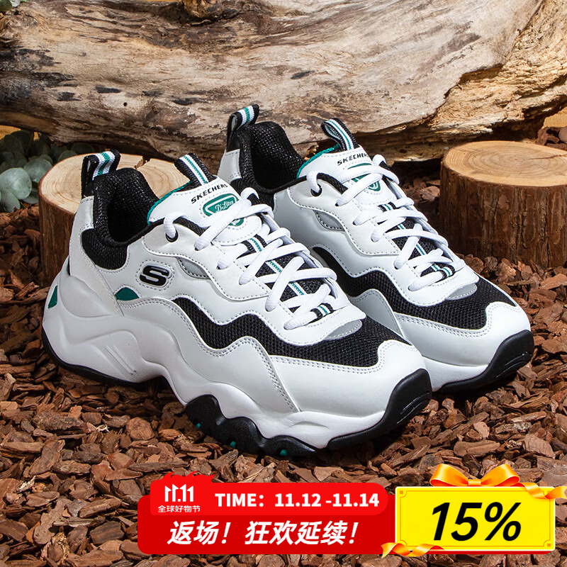 斯凯奇（Skechers）男鞋春夏季2025新款老爹鞋轻便运动鞋厚底增高透气休闲三代熊猫鞋 白色/绿色-WGRN 39.
