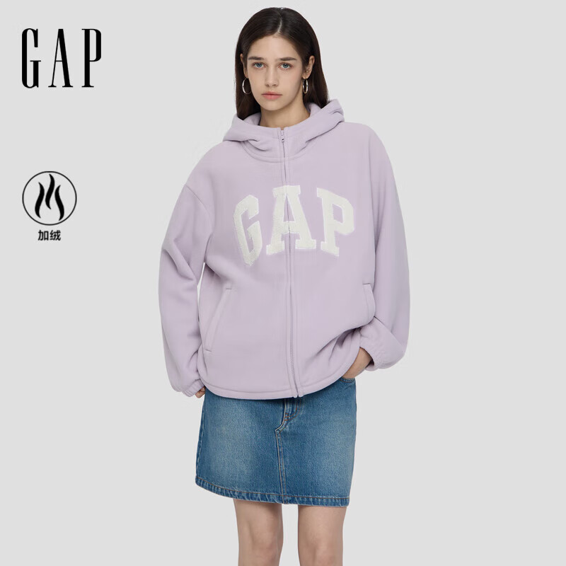 盖璞女装秋季款logo摇粒绒宽松拉链连帽卫衣百搭外套792592