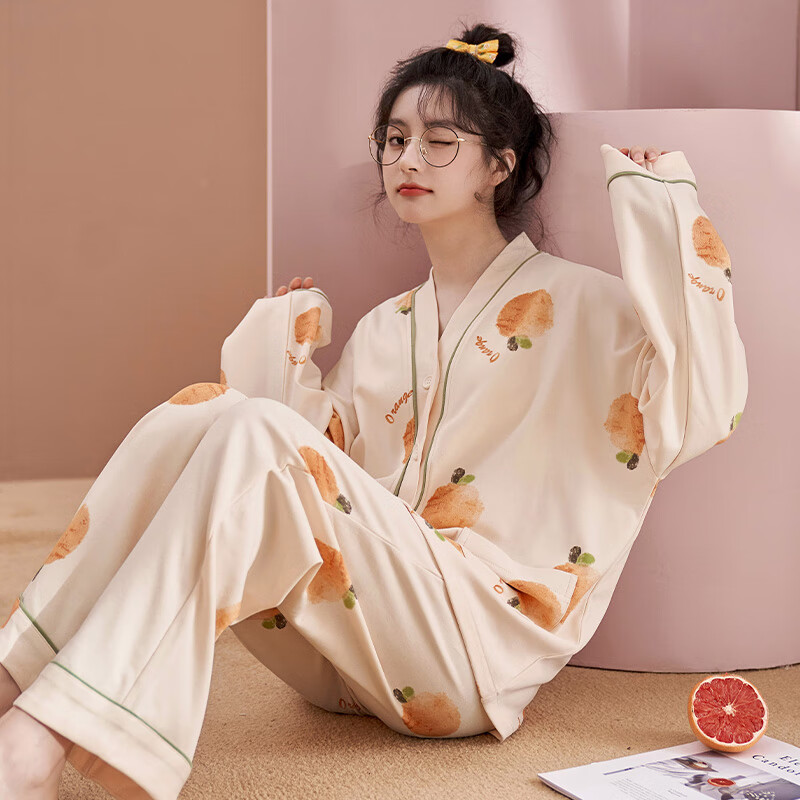 婧麒（JOYNCLEON）孕妇月子服秋冬产后居家孕妇睡衣哺乳产妇待产喂奶家居服女 绿叶柑橘Jsy195768 XL码