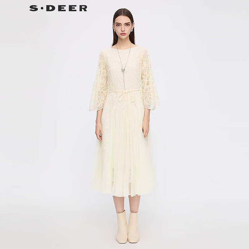 S.DEER圣迪奥女装25年新品圆领绣花网纱收腰喇叭袖连衣裙S253Z1248 米白/48 S