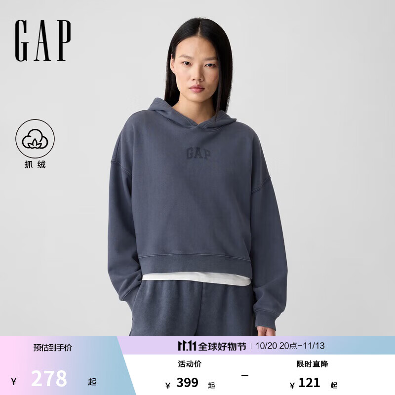 GAP女装2025秋季新款印花字母logo连帽卫衣宽松上衣美版429497 灰蓝色 S 美码  M亚洲码165/88A