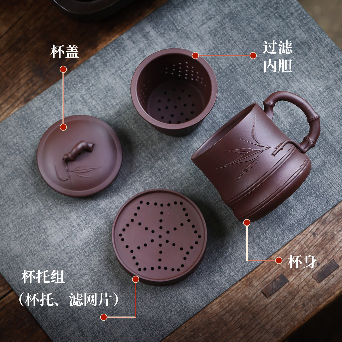 紫来顺宜兴正宗紫砂杯茶水分离杯茶杯男士泡茶个人专用水杯会议商务礼品 【紫泥】紫气东来竹节五件套盖杯