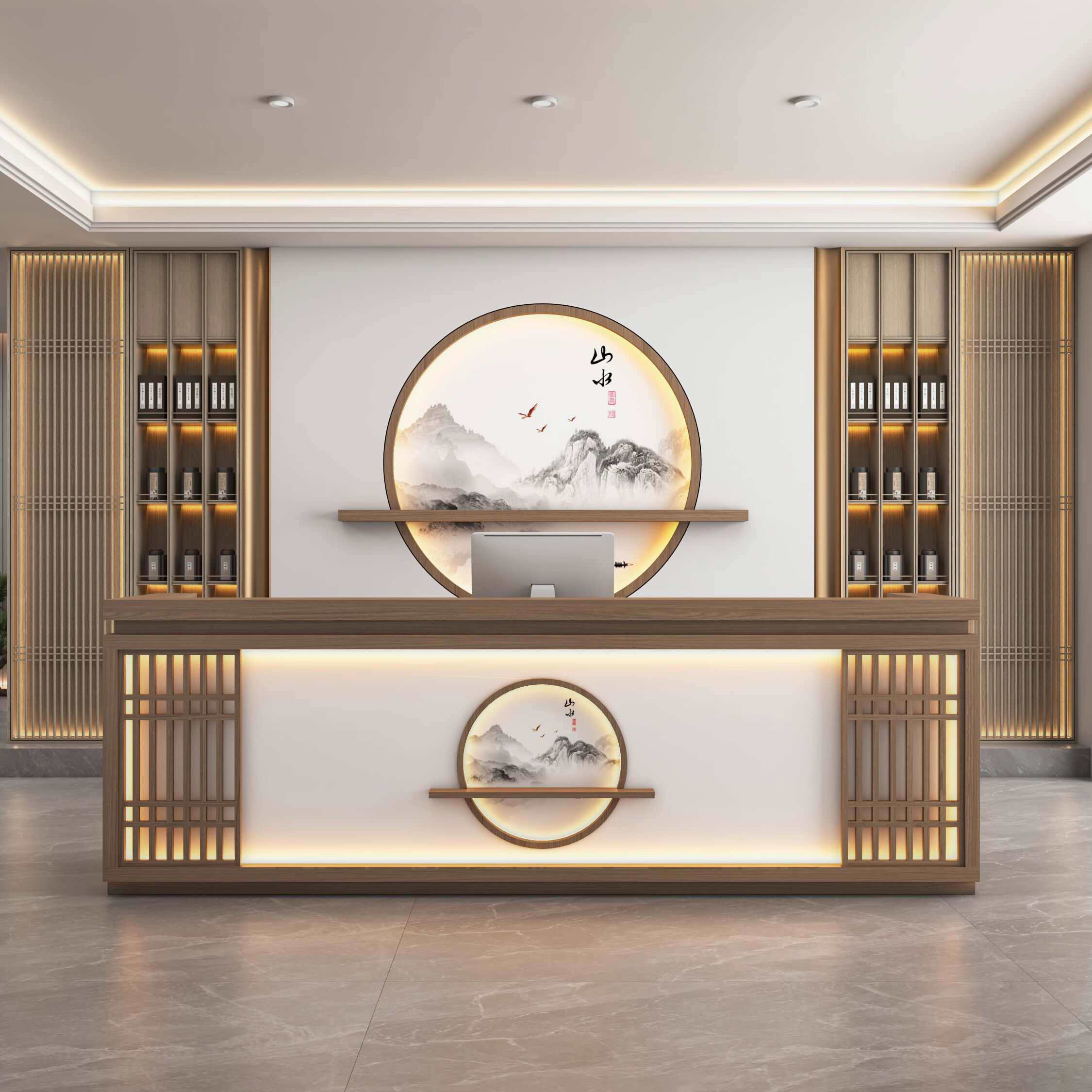 接运猫新中式吧台餐饮民宿酒店收银台复古茶楼前台足浴店定制转角 浅