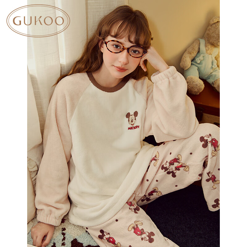 果壳（Gukoo）睡衣女冬季轰轰小狗系列联名彩色波点裤简约套头女士家居服套装D 米奇套装 L