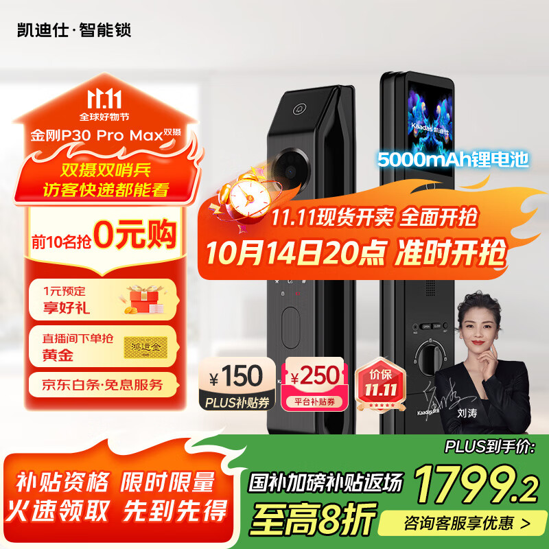 凯迪仕（kaadas）智能门锁 双摄人脸识别可视猫眼大屏指纹锁 金刚P30 Pro Max双摄
