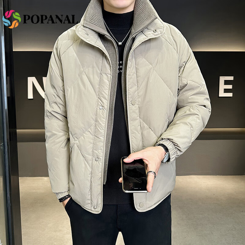 POPANAL香港潮牌2025冬季新款男士微宽松假两件拼接立领简约休闲羽绒服潮 香槟色 M
