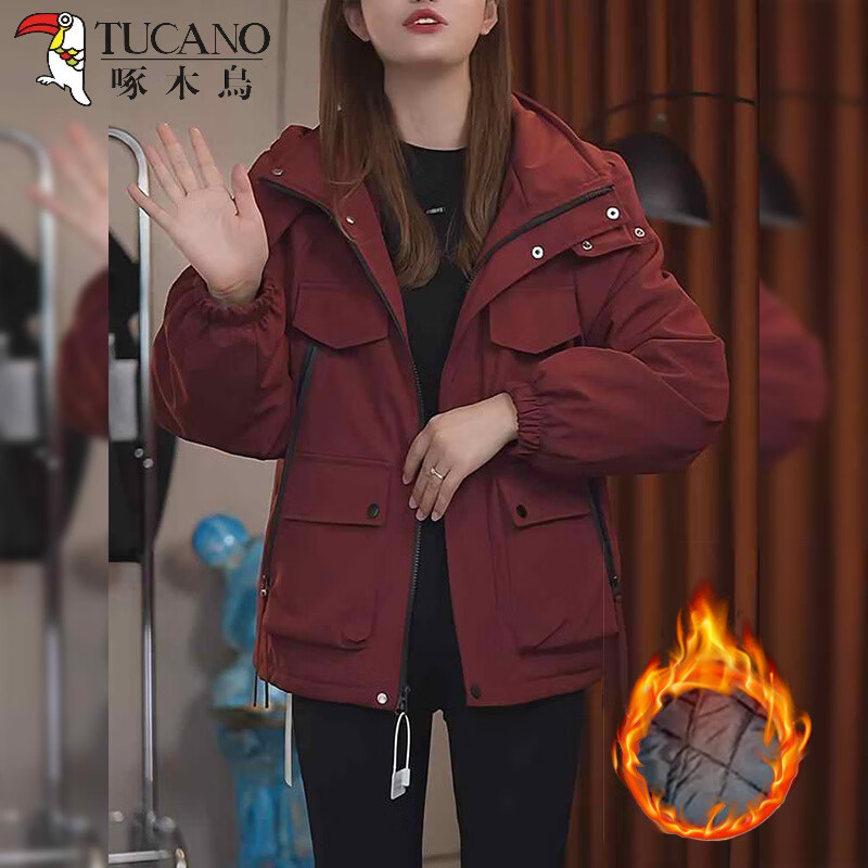啄木鸟韩版纯色加绒连帽冲锋衣女装冬季新款宽松工装棉服短款加厚外套潮 安哥拉红薄 轻薄 3XL ( 140斤-160斤)