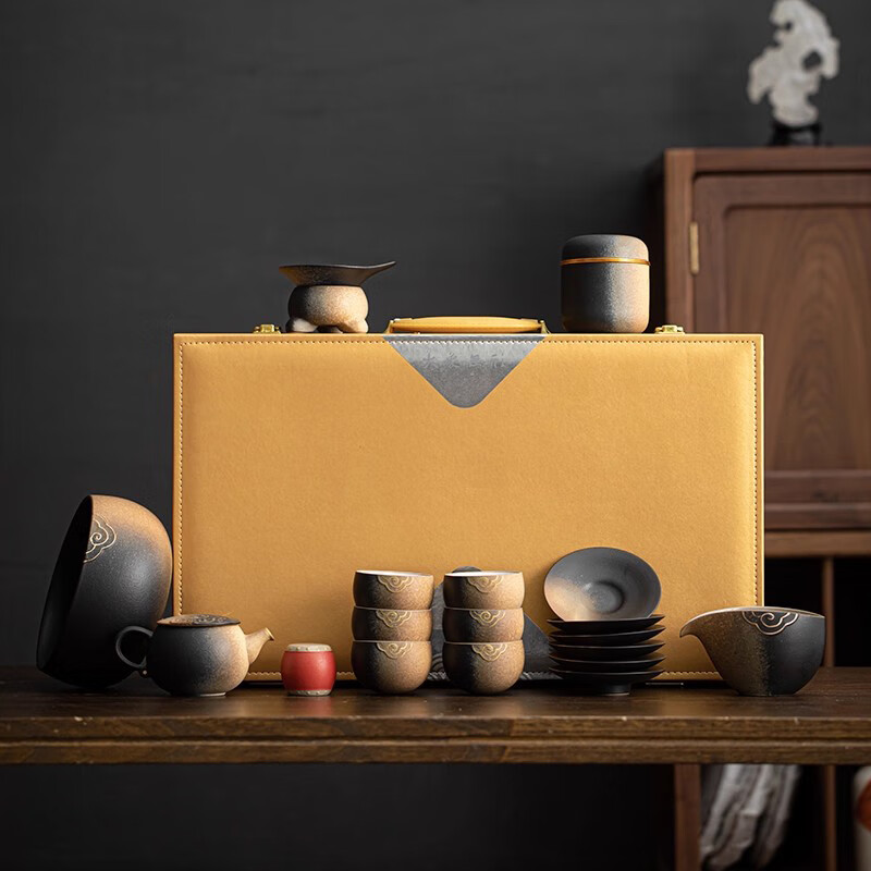 BOSSY 复古渐变茶壶套装功夫茶具粗陶茶杯整套家用泡茶具礼盒新年礼品 祥瑞渐变·手执壶茶具大套装