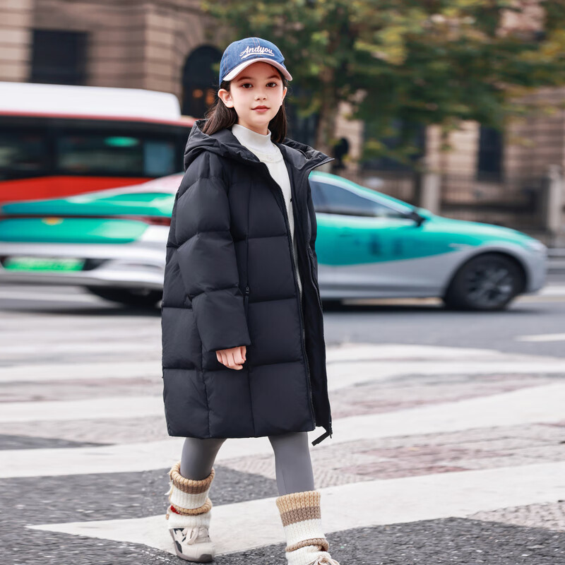 ABC KAIA女童羽绒服中长款加厚保暖外套潮冬季新款洋气中大童羽绒服小女孩 黑色 150