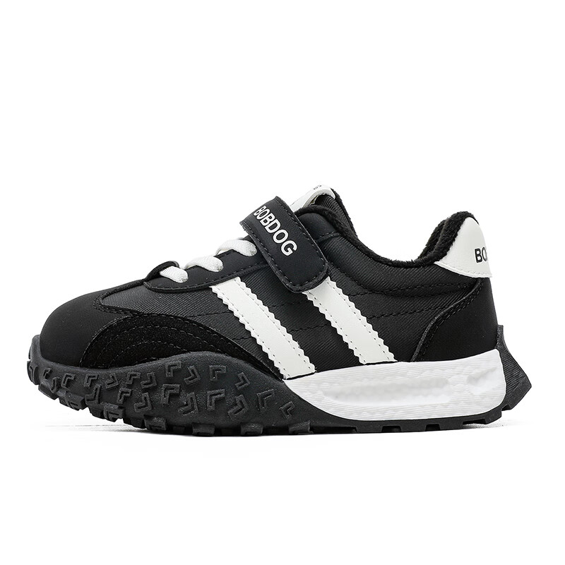 巴布豆(BOBDOG)童鞋男童2025冬季舒适百搭跑鞋加绒保暖二棉鞋低帮休闲二运动鞋女 黑/米(加绒) 29 适合脚长17.6cm