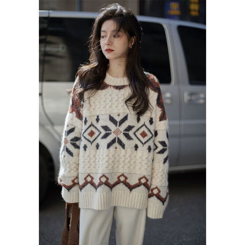 妙恋多毛衣女外穿冬季加厚宽松圆领套头针织衫温柔费尔岛小众设计感上衣 米白色 【针织毛衣】 均码 【建议90-140斤】