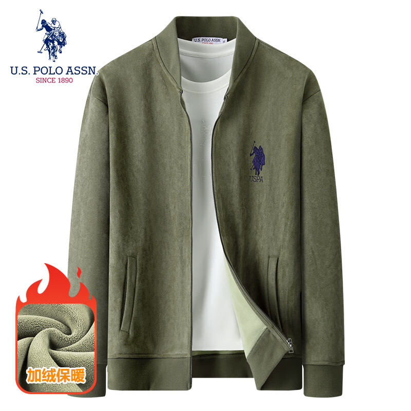 U.S. POLO ASSN.保罗开衫卫衣男士秋冬加绒保暖百搭麂皮绒棒球领夹克外套男 军绿 2XL