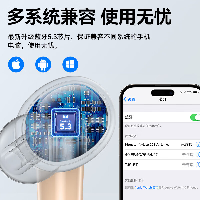 魔声（Monster）N-Lite 203 真无线蓝牙耳机 半入耳式耳机 无线耳机无线通话降噪 银白色