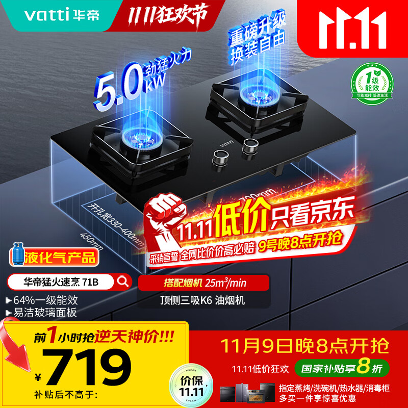 华帝（VATTI）国家补贴20%燃气灶煤气灶台式嵌入式5.0kW猛火熄火保护一级能效双灶台灶具i10071B【液化气商品