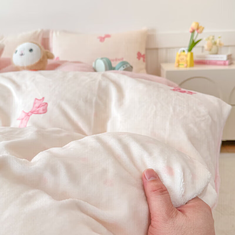 软贝小清新牛奶绒床上四件套保暖毛绒床单被套学生宿舍秋冬款三件套 蝴蝶结 床单款 2.0m 被套200*230cm 四件套