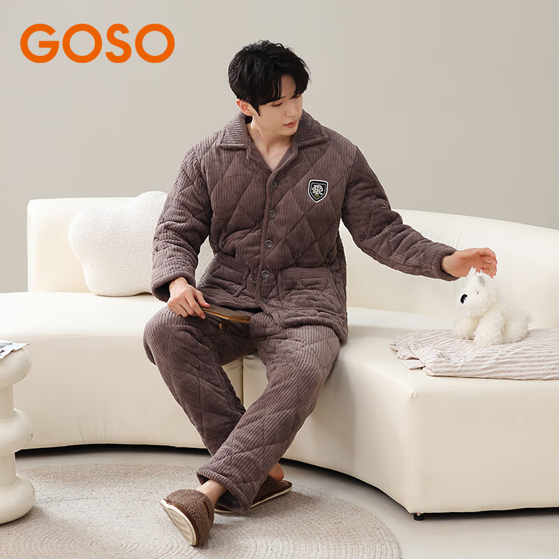 香蜜闺秀【三层夹棉加厚】男士睡衣秋冬新款长袖可外穿保暖男士家居服套装 24424002浅咖 XL