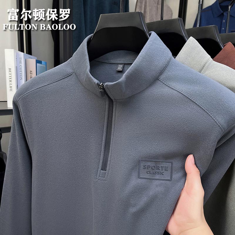 FULTON BAOLOO 富尔顿保罗德绒长袖t恤男2025秋季新款半高领打底衫宽松休闲半拉链保暖上衣 灰色 L (建议120到140斤穿)