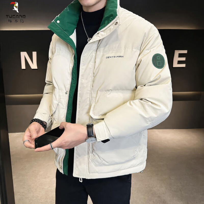 啄木鸟（TUCANO）男士羽绒服冬季2025新款感撞色拼接立领短款加厚保暖休闲外套 白色 M