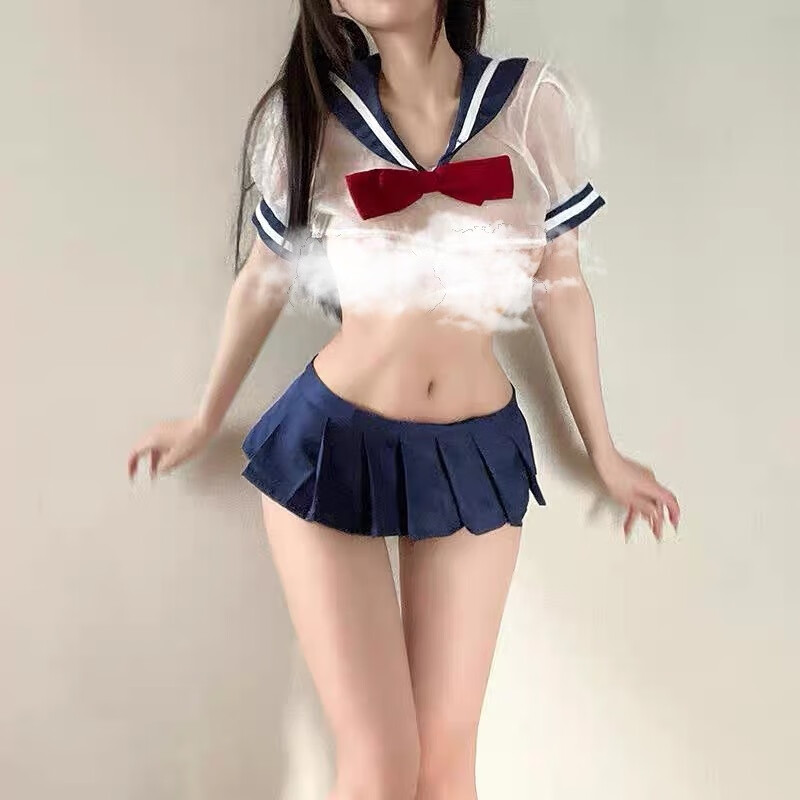 夜酥情趣内衣女火辣百褶裙情侣装诱惑角色扮演套装 蓝白色【套装】+开档白袜 均码