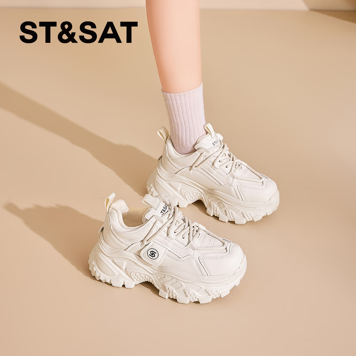 星期六厚底老爹鞋女款2025新款秋季增高女鞋百搭松糕底休闲运动鞋 米白色【皮面】 SSD1112C9R 36